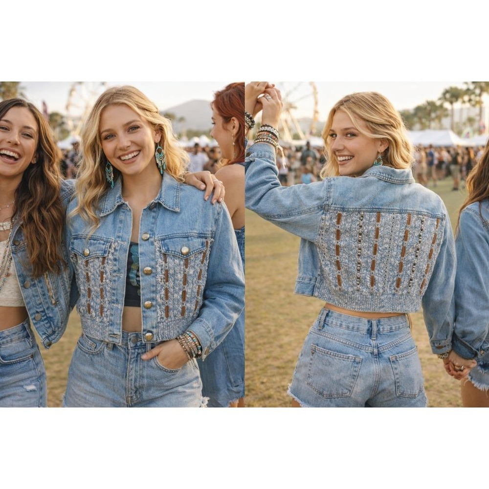 Vintage 90s Cache Cropped Denim Jacket Knit Panel Suede Ribbon Boho Festival Y2K